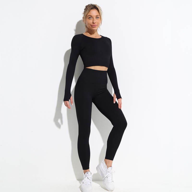 Women Long Sleeve hyperflex gym clothes Shirts Pants Black