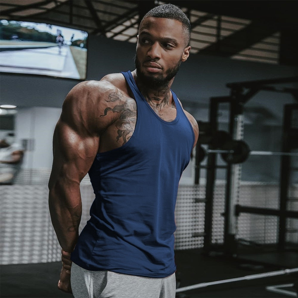 Men Gym Singlet Stringer Muscle Tank Tops Navy Blue