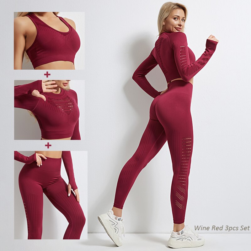 Women Seamless Yoga Set Wine Red 3Pcs Set