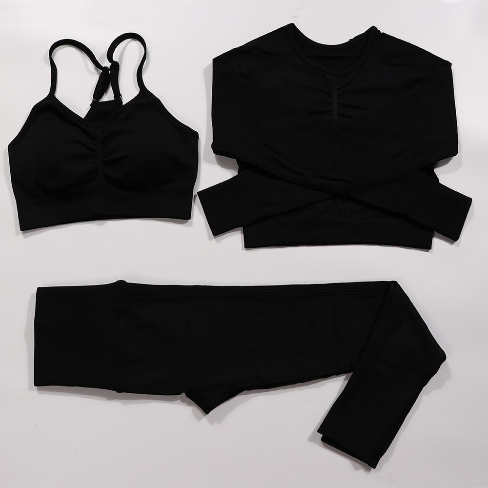 Gym Seamless Workout Clothes 3pcs Black