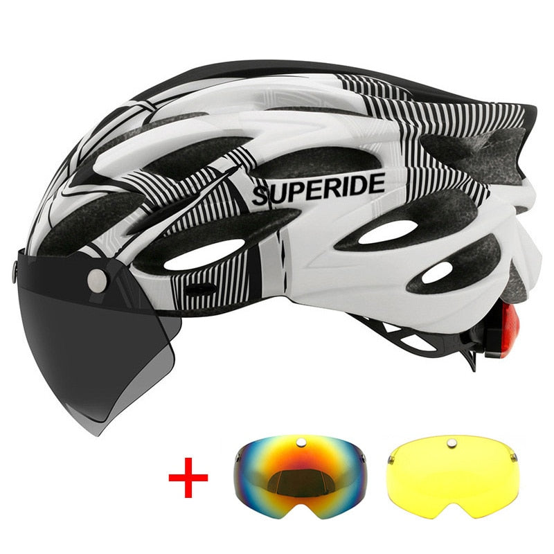 Men Women Cycling Helmet White 3 Lenses 54-61CM