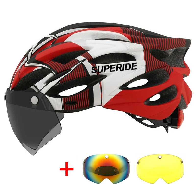 Men Women Cycling Helmet Red 3 Lenses 54-61CM