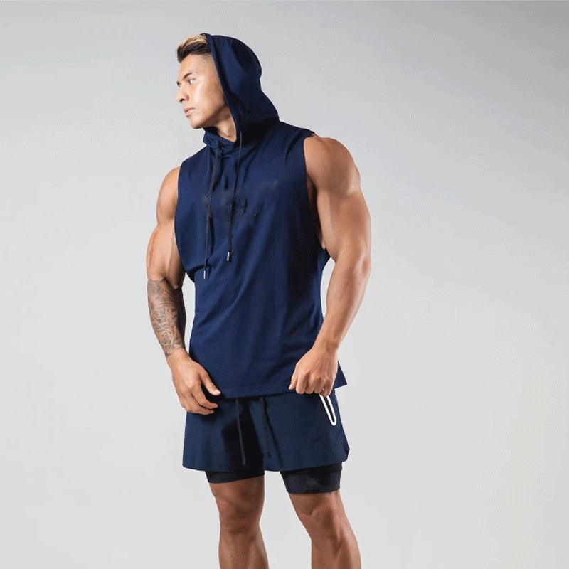 Summer Men Gym Sleeveless Hoodie Tops Navy(no logo)