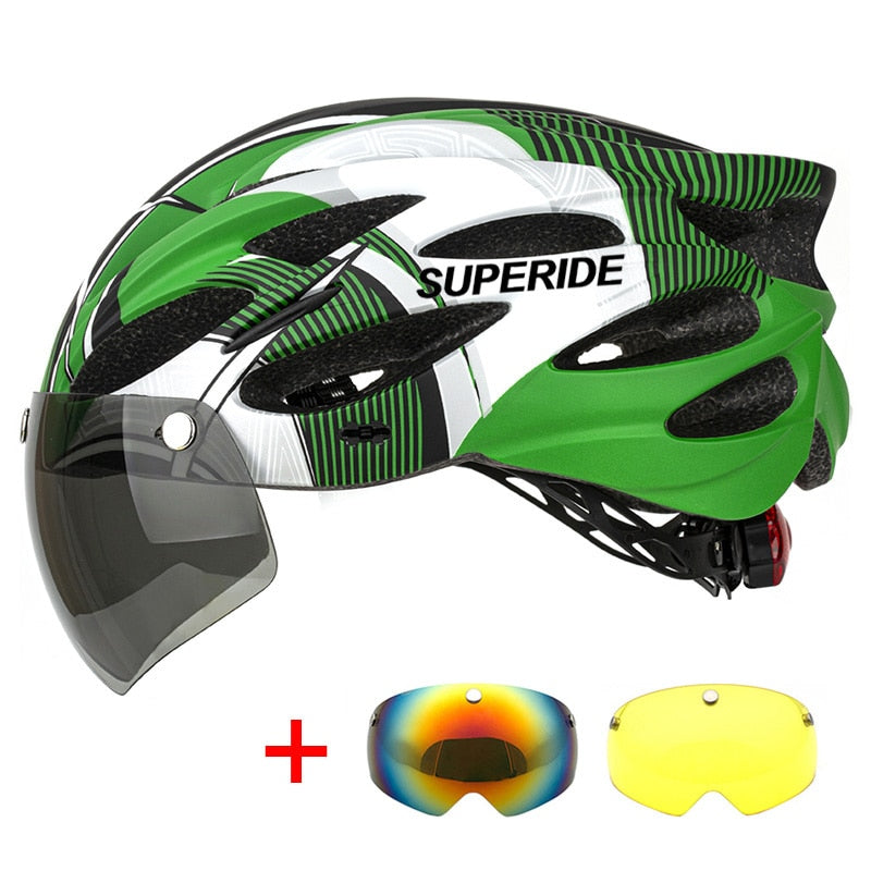 Men Women Cycling Helmet Green 3 Lenses 54-61CM