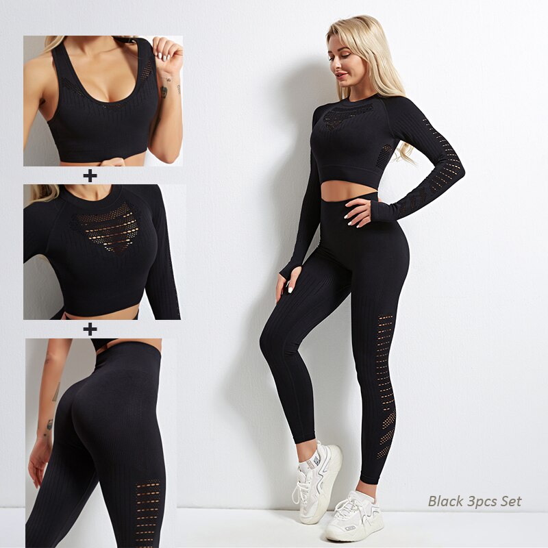 Women Seamless Yoga Set Black 3Pcs Set