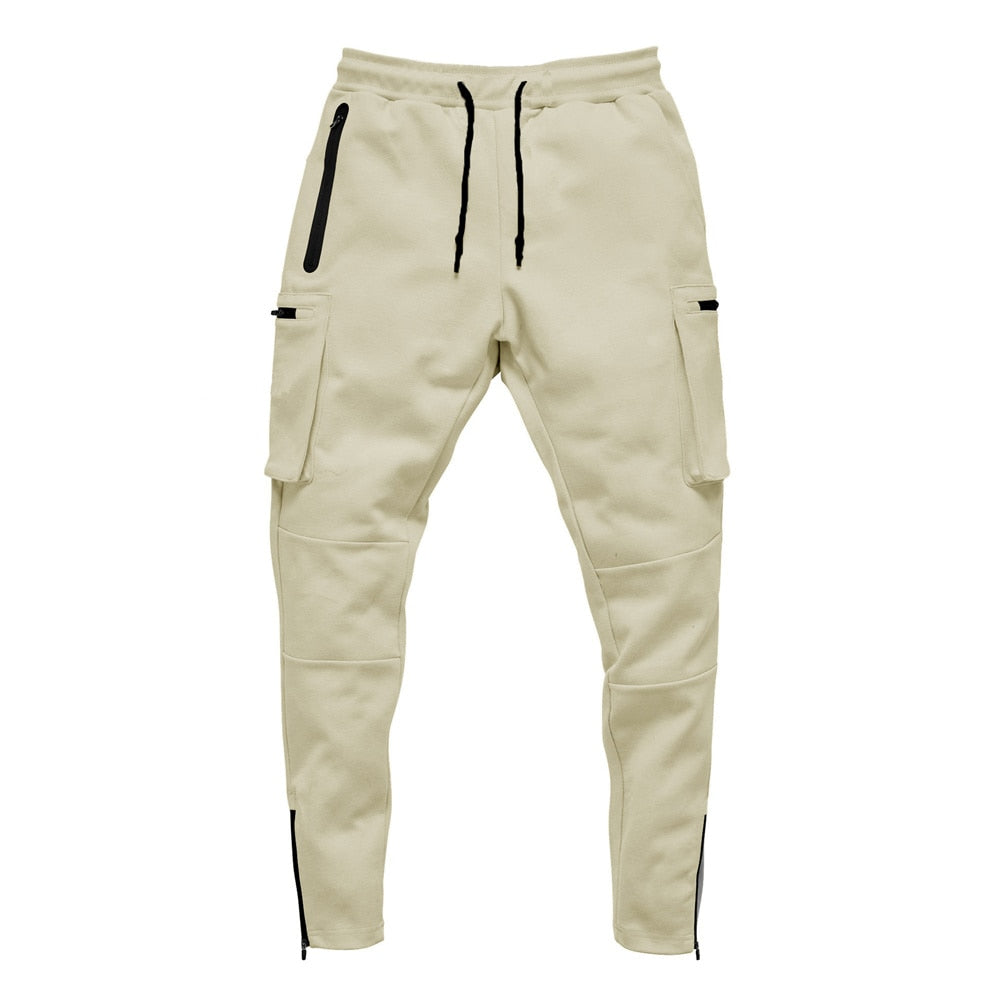 Men Multi-pocket Gym Track Pants Beige