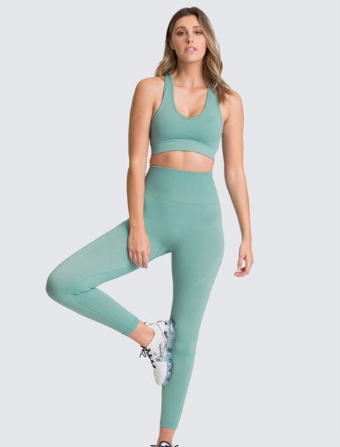 Women Long Sleeve hyperflex gym clothes teal green set