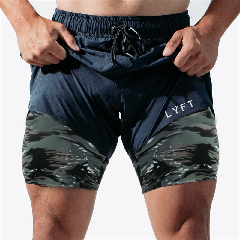 Men Camouflage Woven Double Shorts Navy