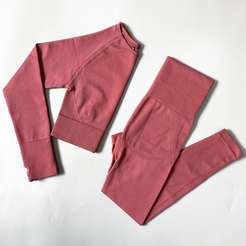 Seamless Women Sports Yoga Set Shirts Pants Red