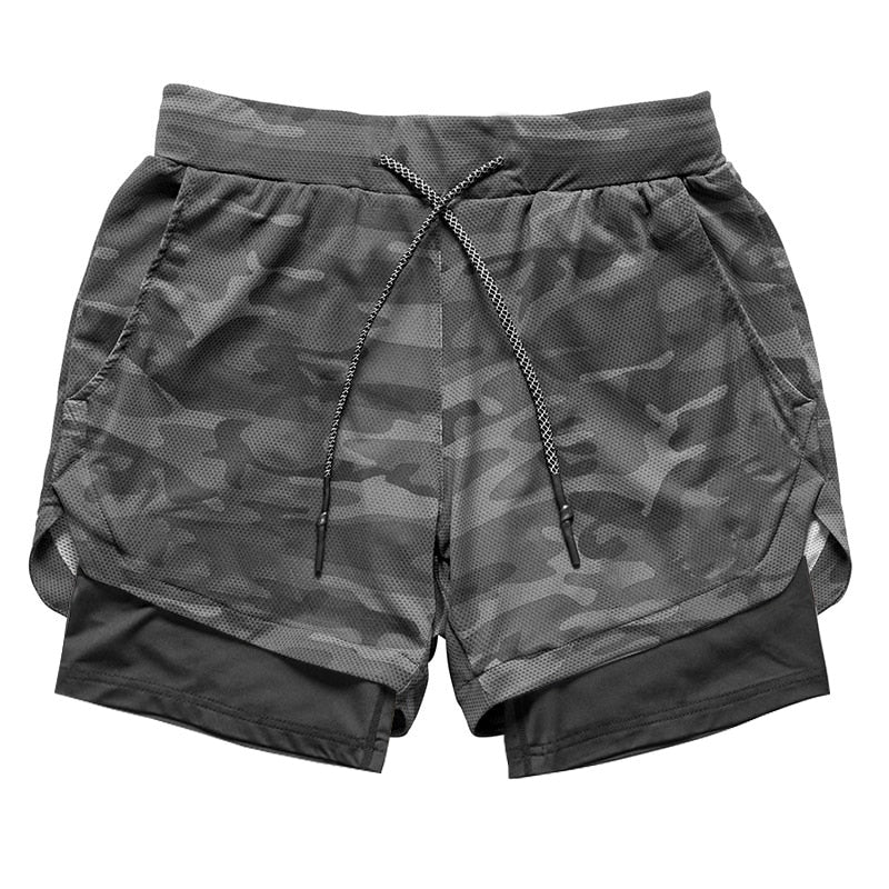 2 IN 1 Men Sports Shorts Gray camo with black