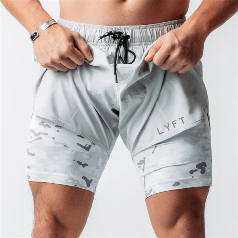 Men Camouflage Woven Double Shorts Gray