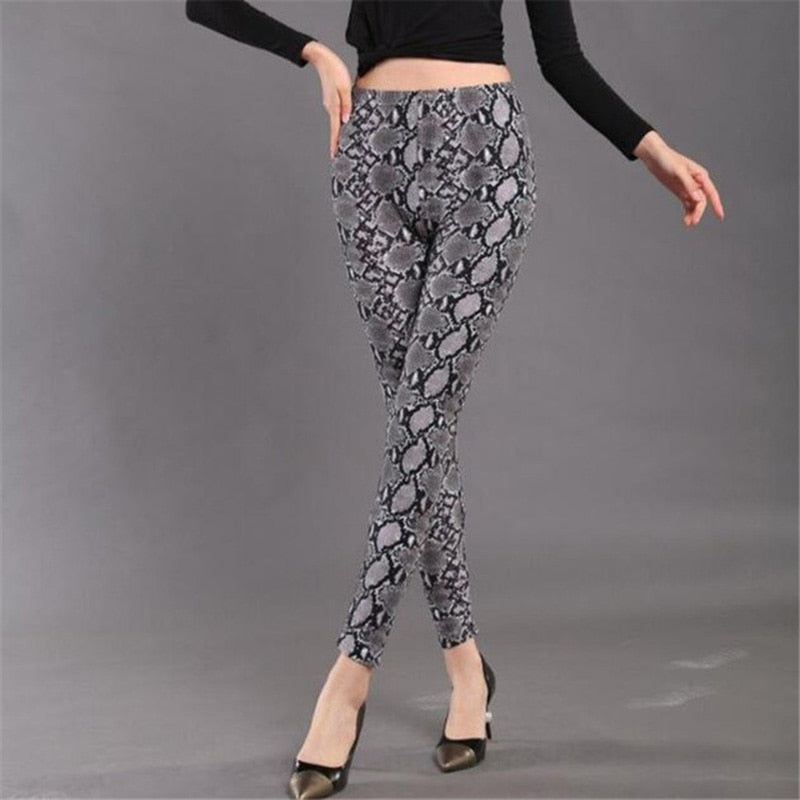 Women Leopard Print Gym Pants Dark Gray Snake