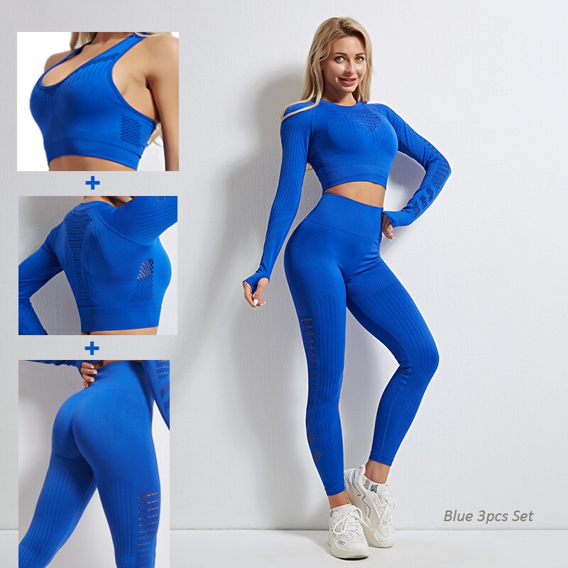 Women Seamless Yoga Set Blue 3Pcs Set