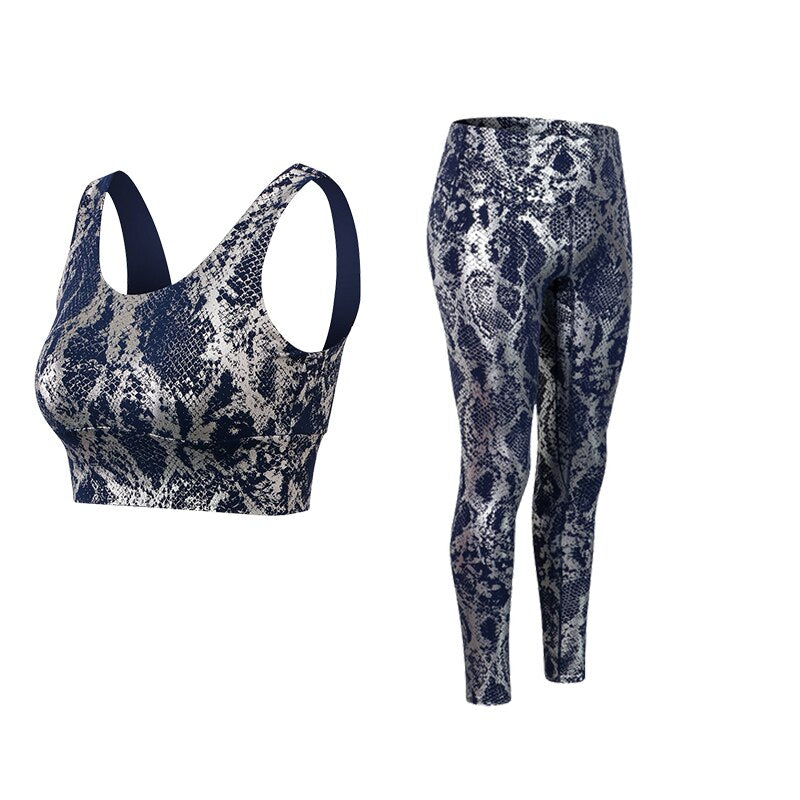 Women Snake Pattern Gym Set Blue Set