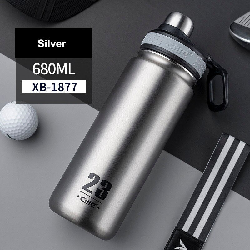 Stainless Steel Sport Fitness Thermos Bottle Silver 680ml
