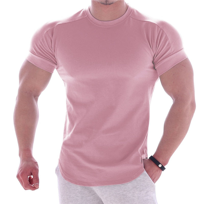 Men Gyms Fitness Short sleeve T-shirt Pink