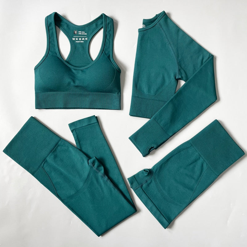 Seamless Women Sports Yoga Set 4pcs Set Green