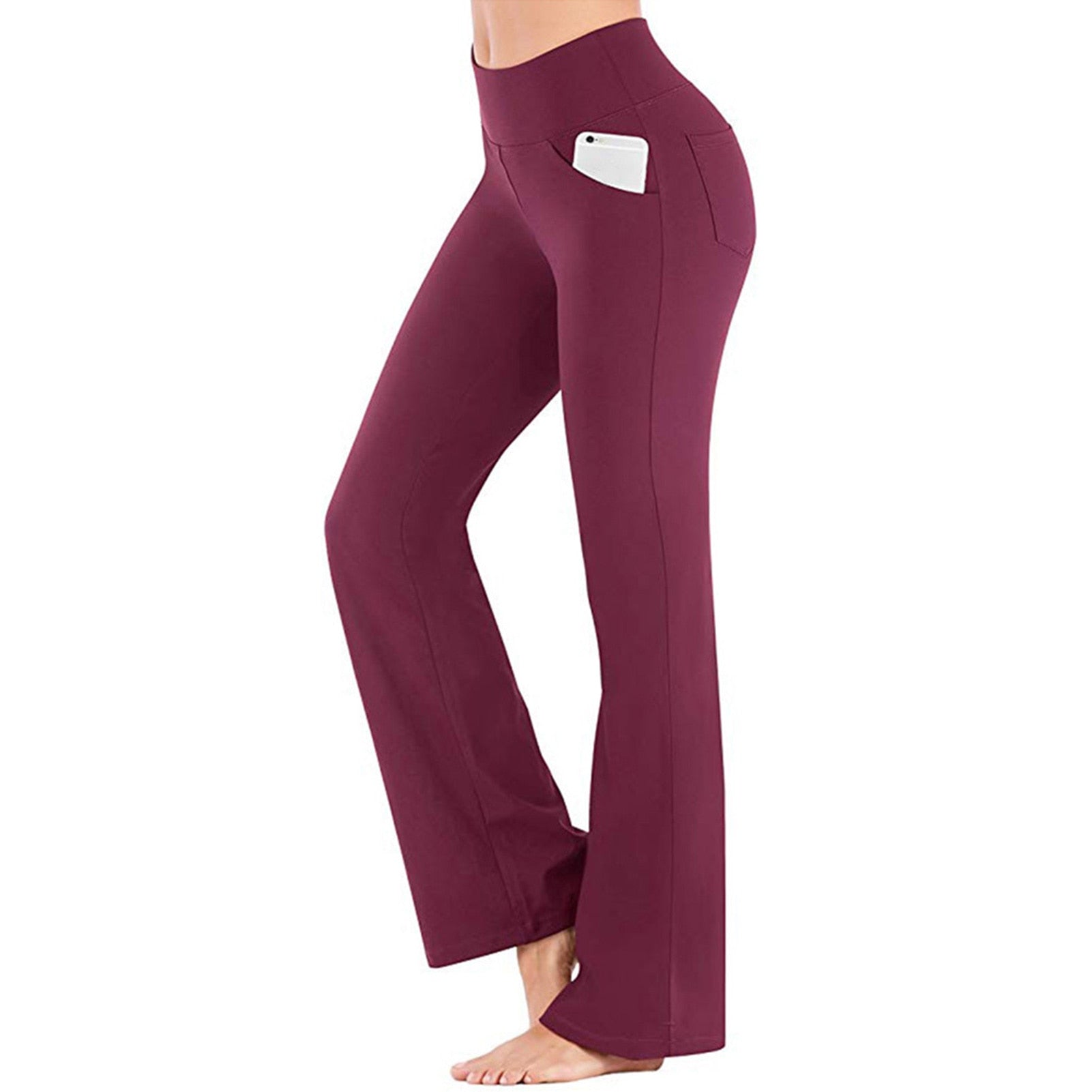 Women High Waisted Sport Trousers Wine Red