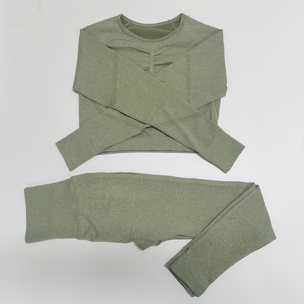 Gym Seamless Workout Clothes ShirtSet ArmyGreen