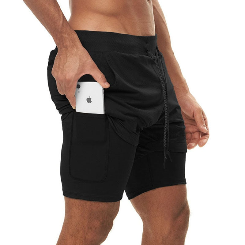 2 IN 1 Men Sports Shorts Black with black