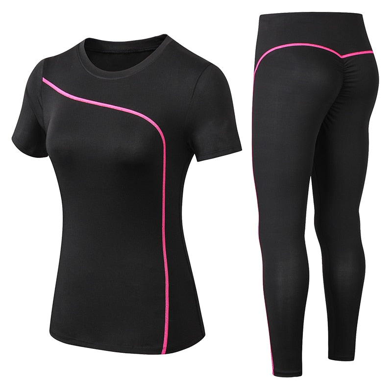 Woman 2 Piece Short-sleeved Fitness suit Pink