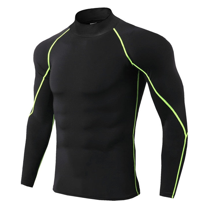 Men Bodybuilding Sports Long Sleeve Shirt BlackGreen Line