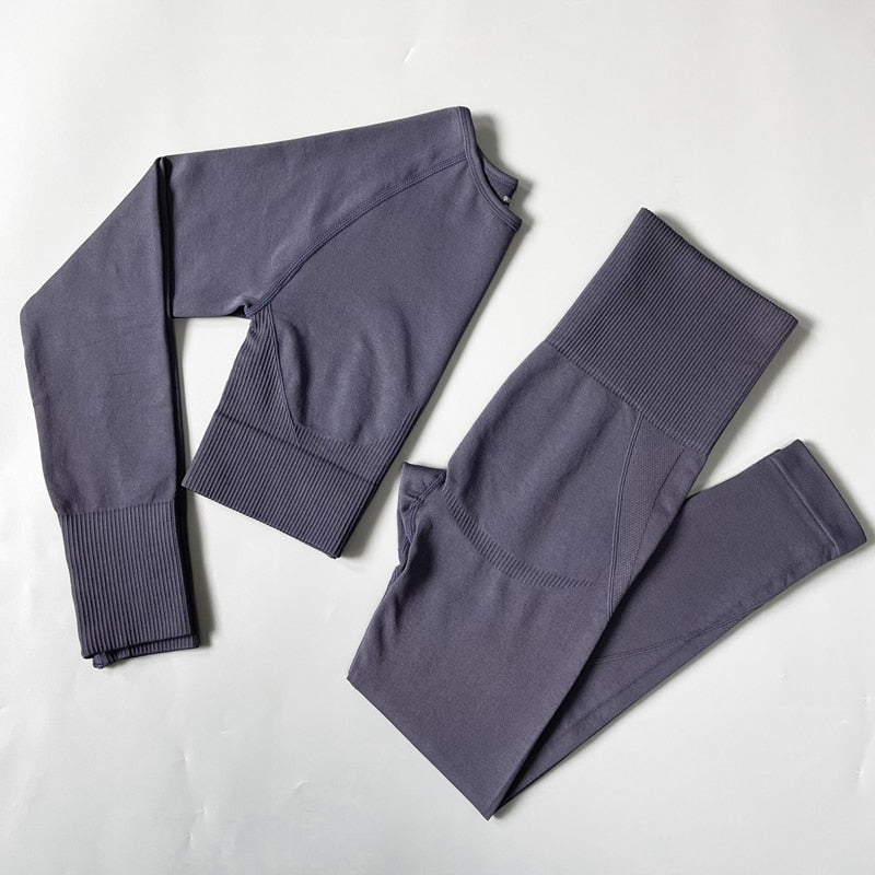 Seamless Women Sports Yoga Set Shirts Pants Gray