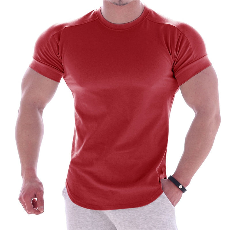 Men Gyms Fitness Short sleeve T-shirt Red