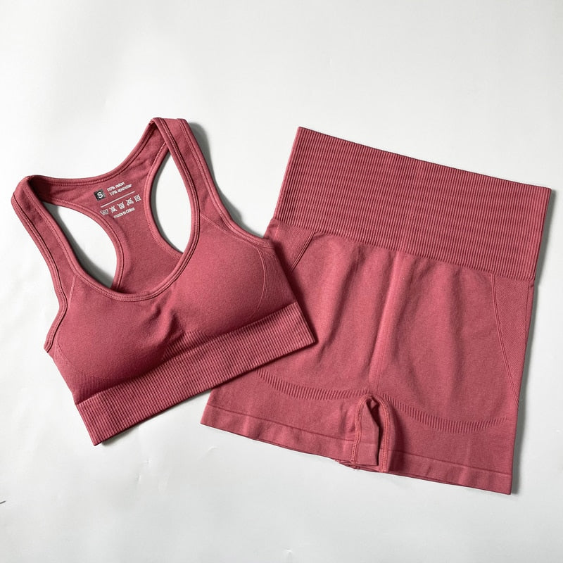 Seamless Women Sports Yoga Set Bra shorts Red