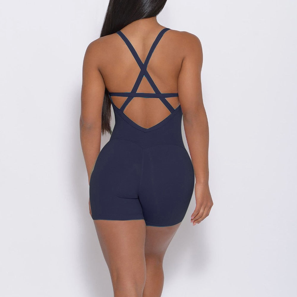 Women Yoga Backless Jumpsuit Navy Blue