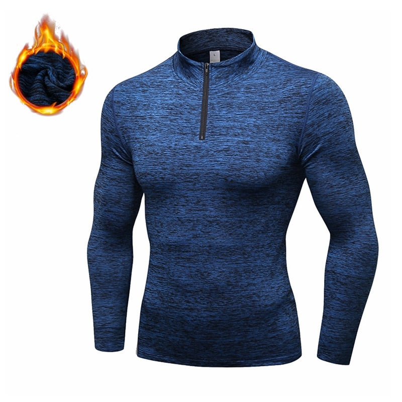 Men Winter Long Sleeve Zipper Sport Shirt blue