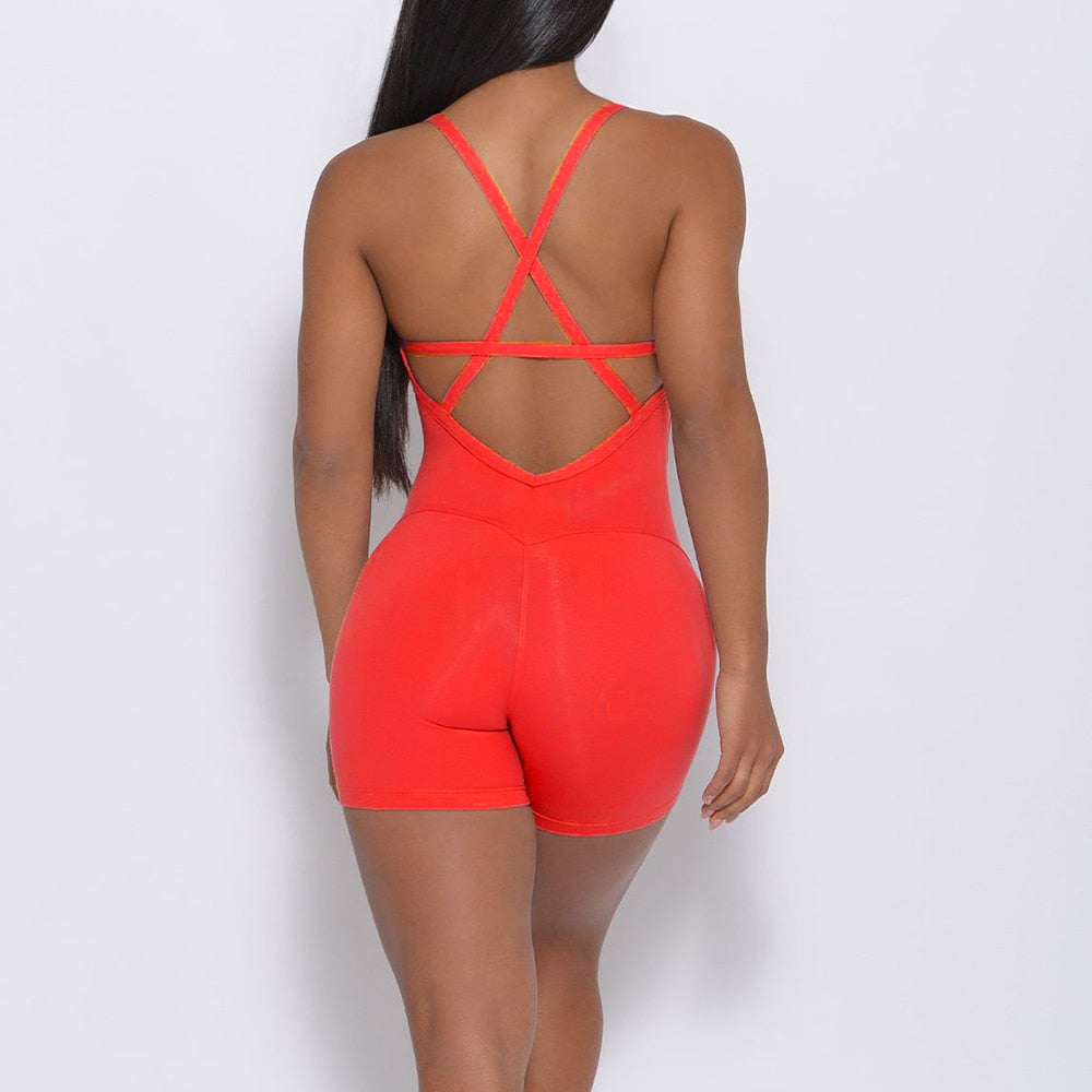 Women Yoga Backless Jumpsuit Red