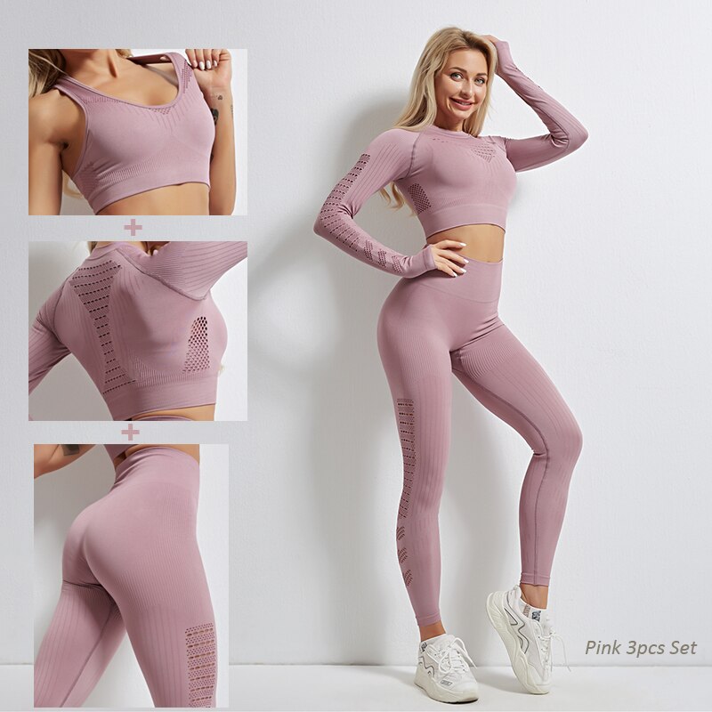 Women Seamless Yoga Set Pink 3Pcs Set