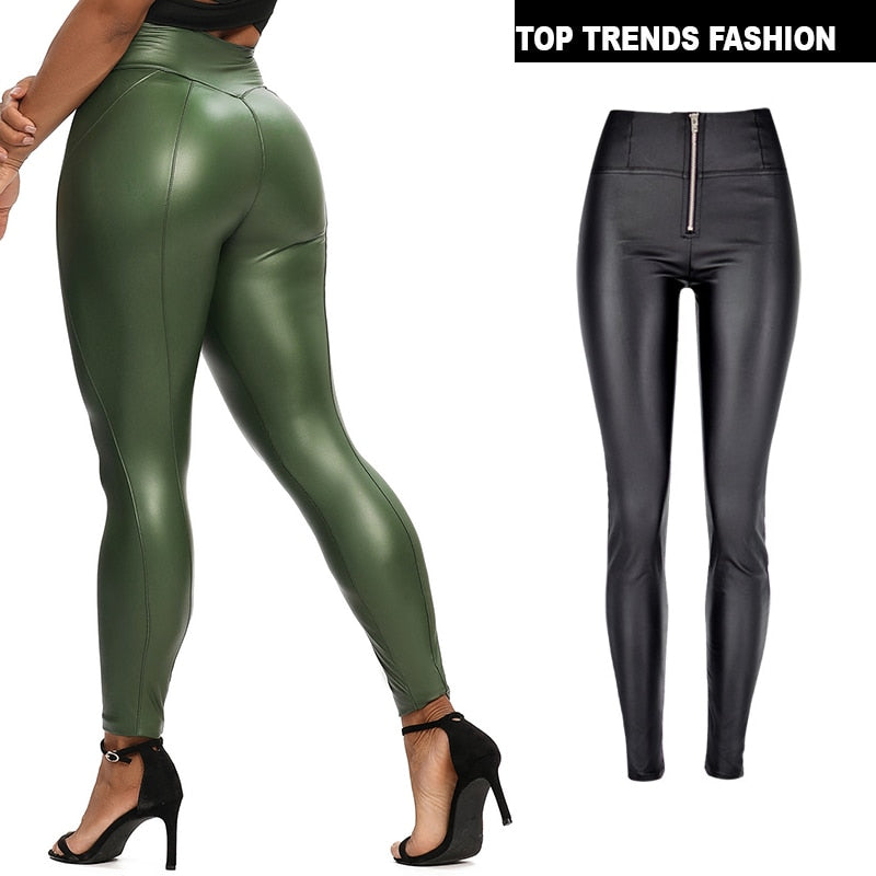 Female High Waist Zipper Pu Leggings