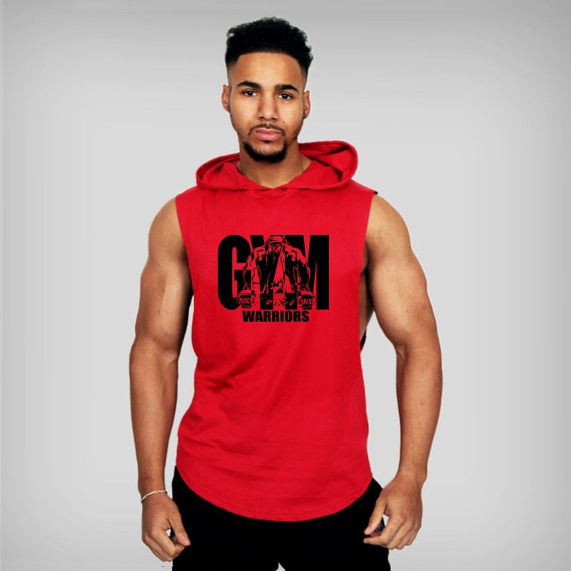 Mens Bodybuilding Hooded Tank Top Red