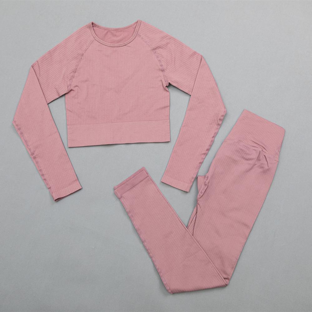 Women Long Sleeve Crop Top Yoga Suit pink set