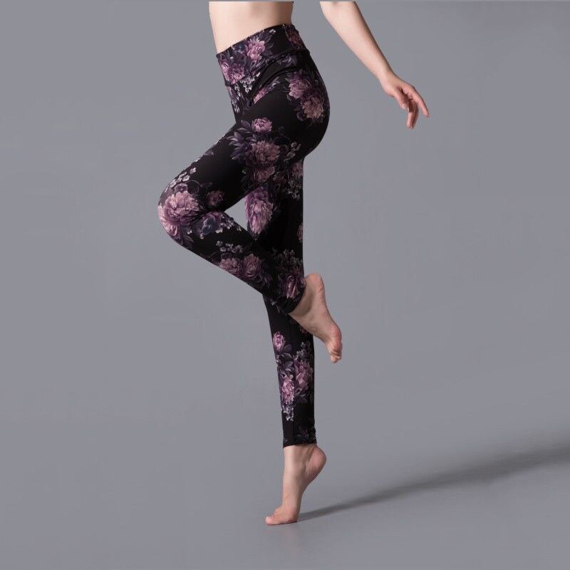 Women Leopard Print Gym Pants Purple Flower