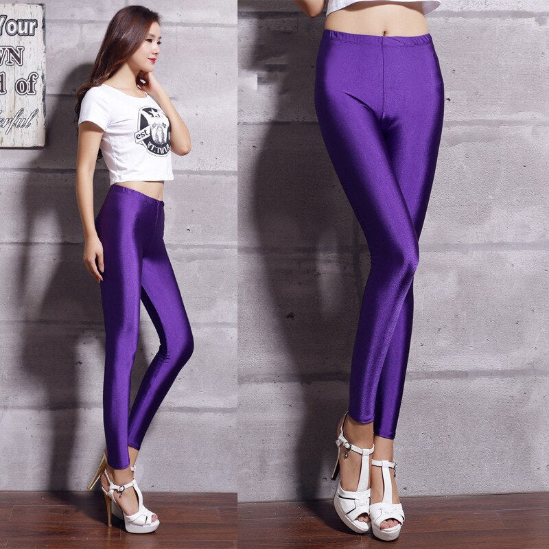 New Spring Solid Candy Neon Leggings Purple One Size