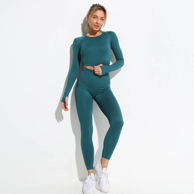 Women Long Sleeve hyperflex gym clothes Shirts Pants Green