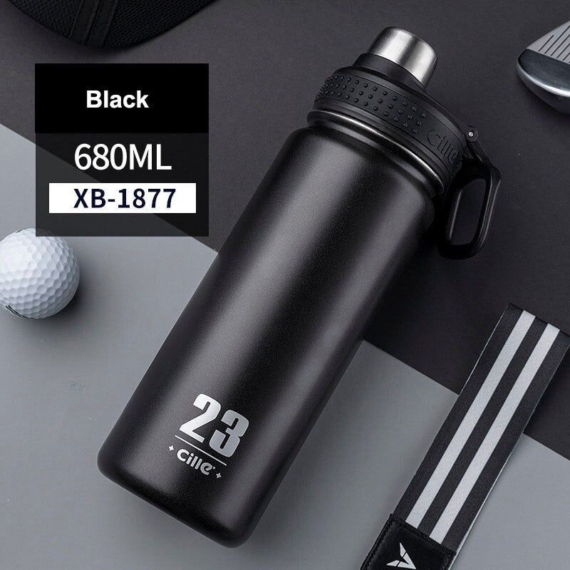 Stainless Steel Sport Fitness Thermos Bottle Black 680ml