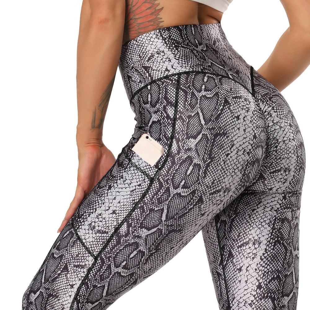 Women Snake Print Yoga Pants A-Snake with pocket