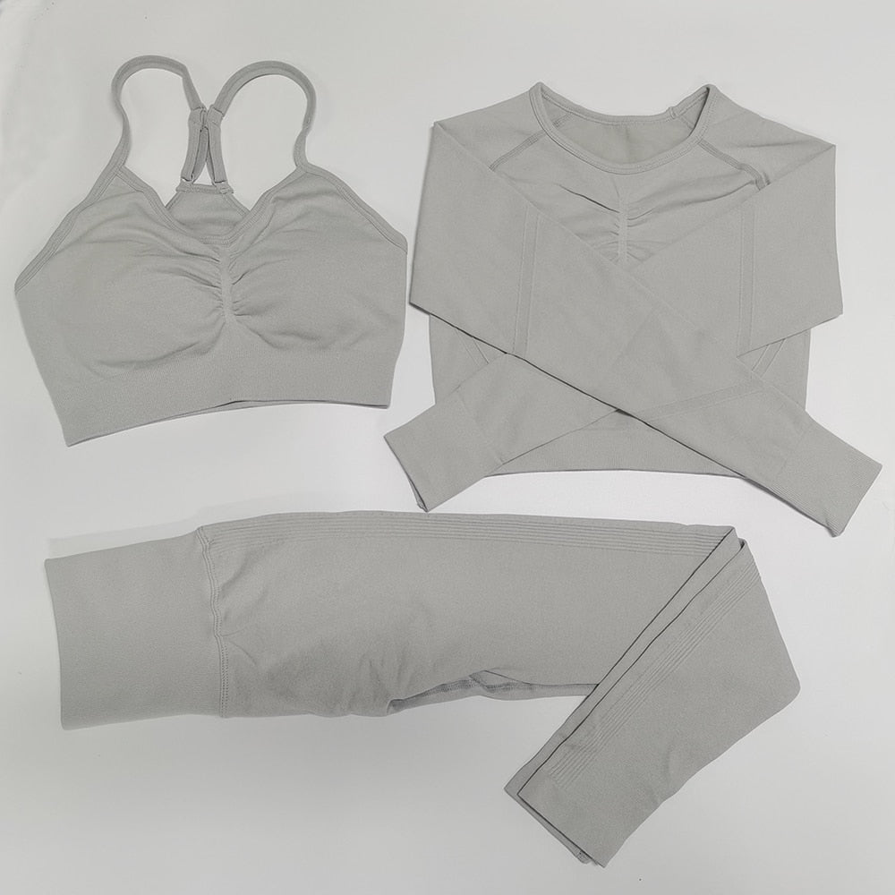 Gym Seamless Workout Clothes 3pcs LightGray