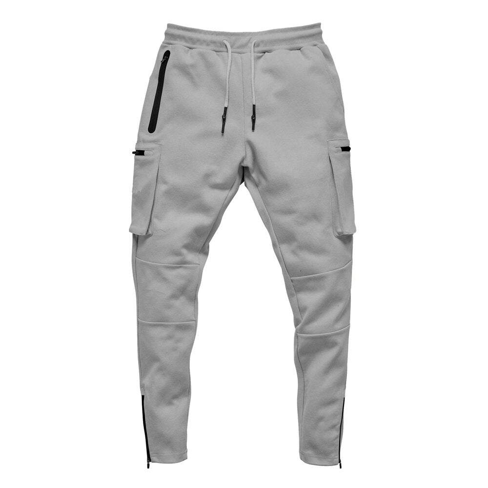 Men Multi-pocket Gym Track Pants Light gray