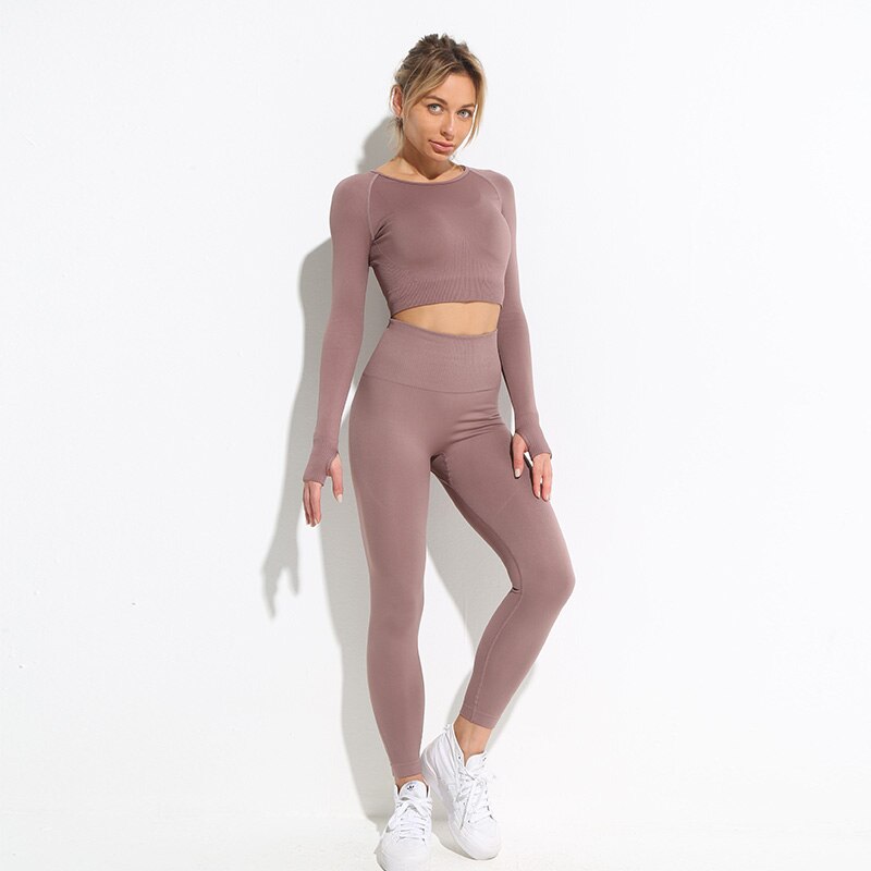 Women Long Sleeve hyperflex gym clothes Shirts Pants brown