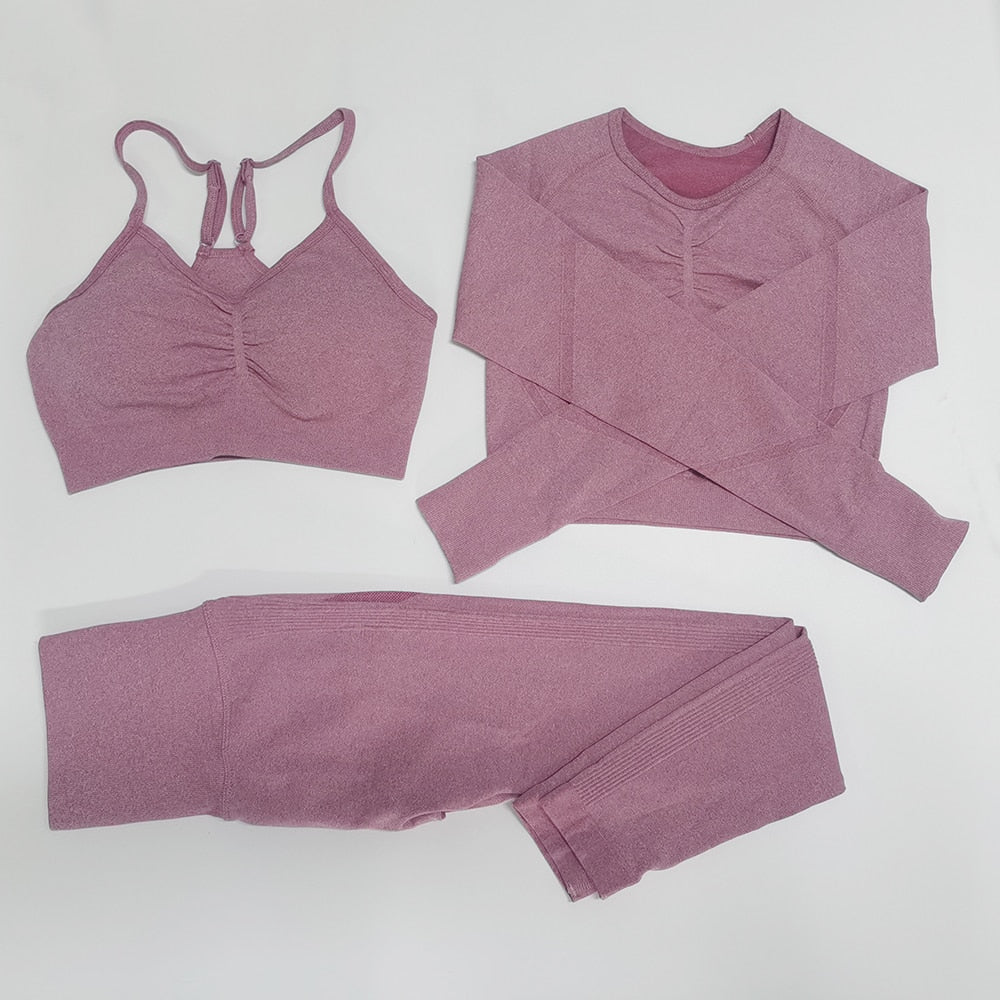 Gym Seamless Workout Clothes 3pcs WineRed