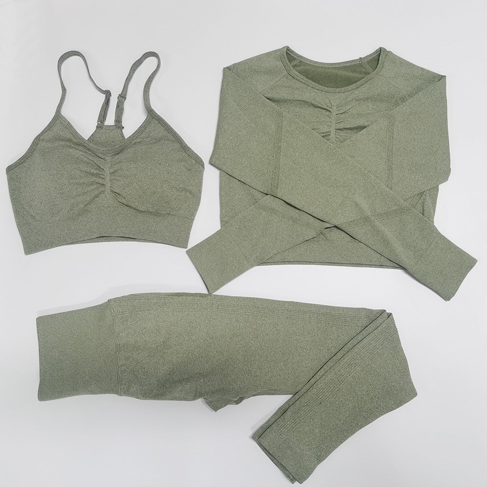 Gym Seamless Workout Clothes 3pcs ArmyGreen