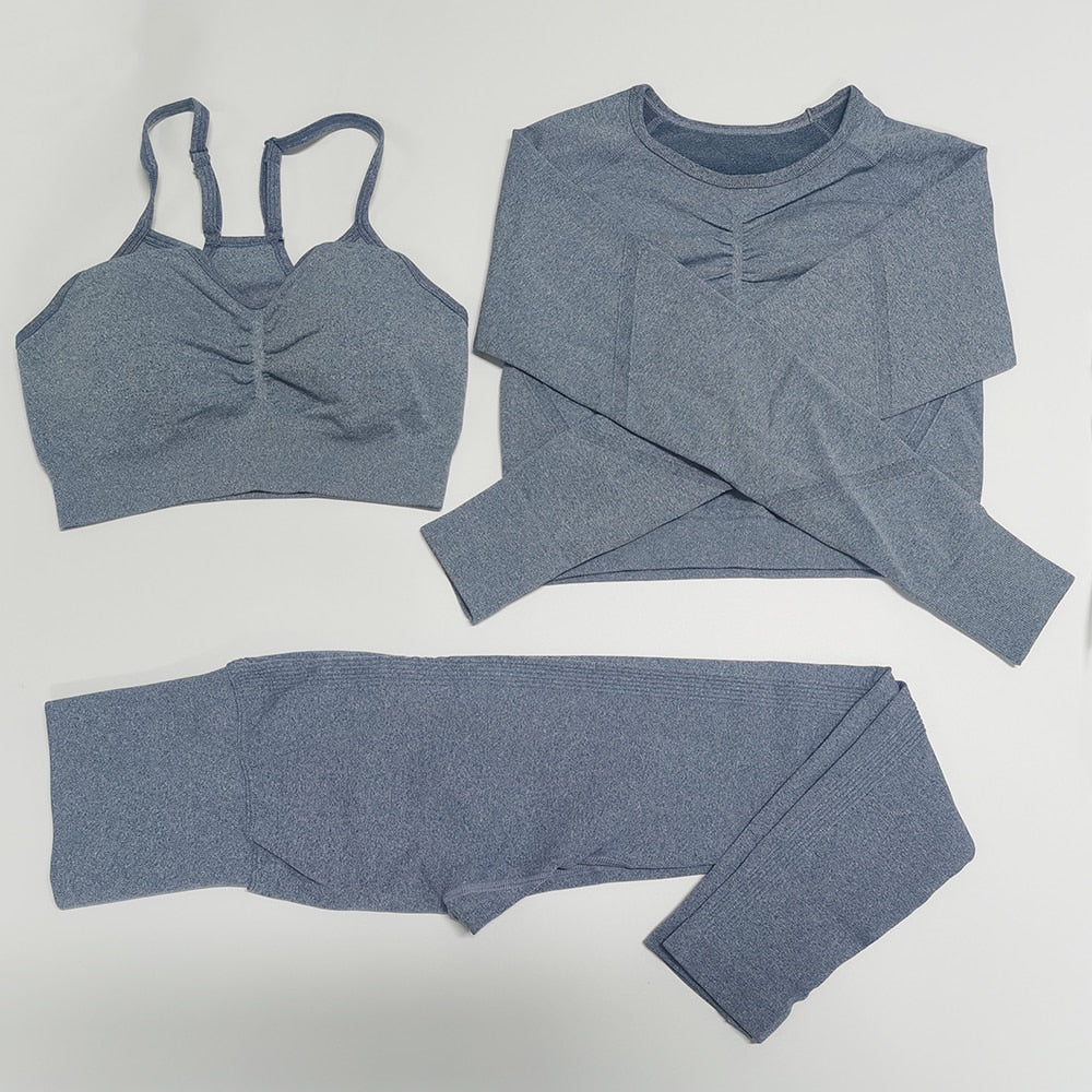 Gym Seamless Workout Clothes 3pcs Blue