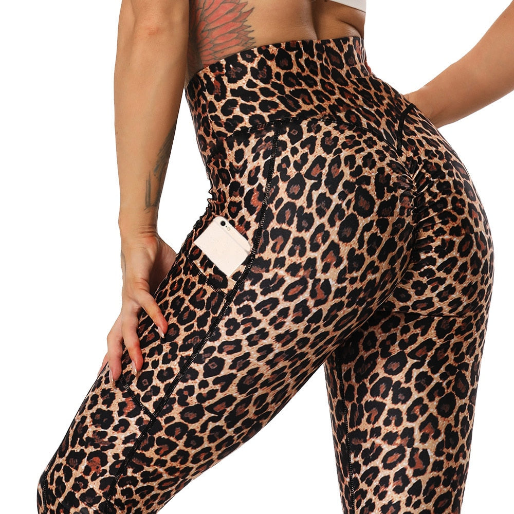 Women Snake Print Yoga Pants A-Leopard pocket