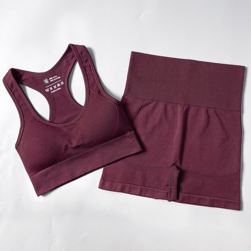 Seamless Women Sports Yoga Set Bra shorts PurpleRed