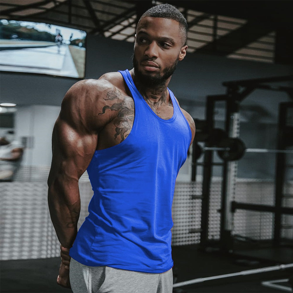 Men Gym Singlet Stringer Muscle Tank Tops Blue